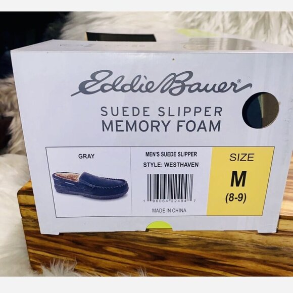Men's Eddie Bauer WestHaven Suede Slippers Gray Size M 8-9 Memory Foam New - Picture 4 of 5